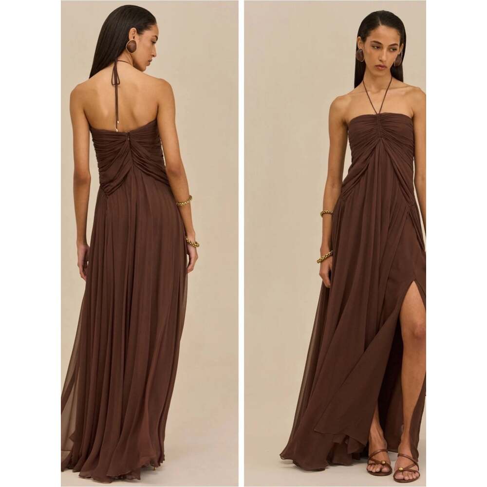 CULT GAIA Ritz Ruched Pleated Chiffon Java Brown Maxi Dress Size 0 - Picture 2 of 8
